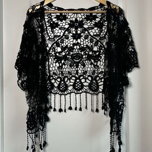 Just Love Black Crochet Lace Shawl Witchy Dark Boho Whimsigoth Festival Style